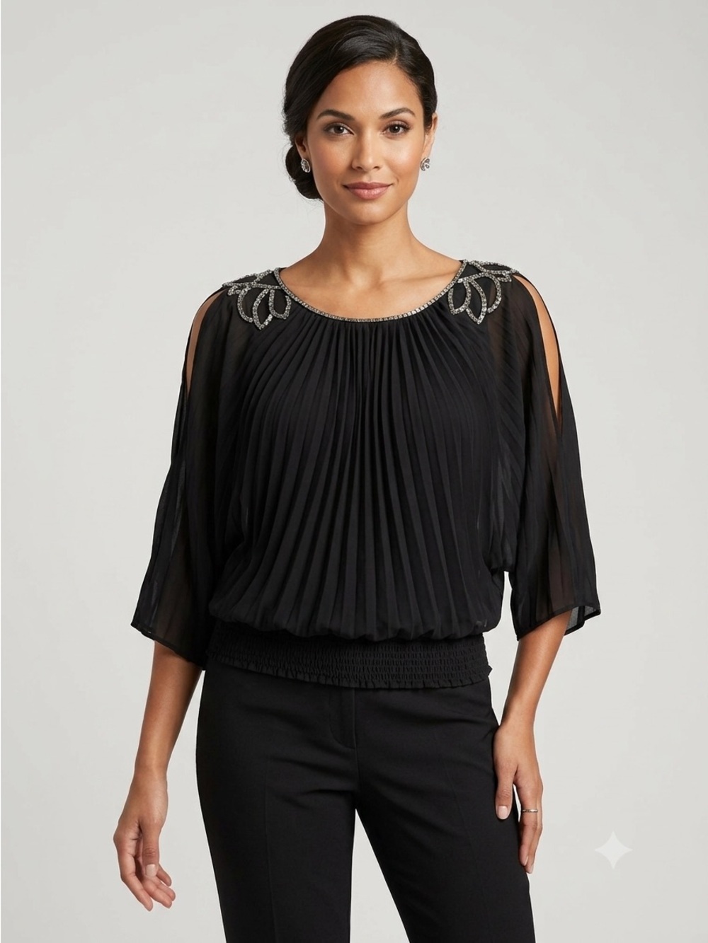ECI New York Black Pleated Chiffon Blouse Beaded Neckline 3/4 Sleeve Size L